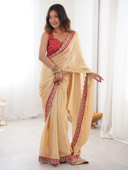 Sareemall - Women Satin Embellished Designer Cream Saree with Unstitched Blouse