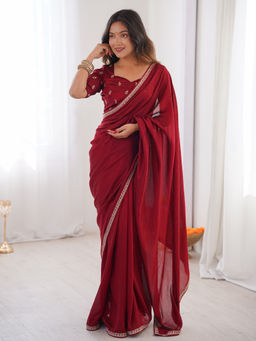 Akhilam - Women Silk Blend Maroon Embroidered Saree with Unstitched Blouse