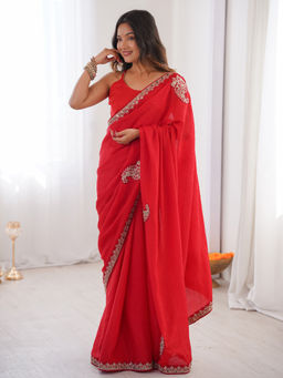 Akhilam - Women Silk Blend Red Embroidered Saree with Unstitched Blouse