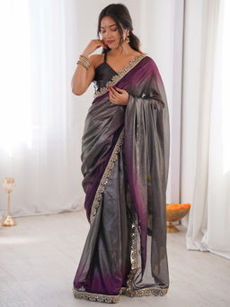 Sareemall - Women Georgette Embellished Charcoal Saree with Unstitched Blouse
