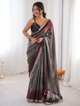 Sareemall - Women Georgette Embellished Charcoal Saree with Unstitched Blouse