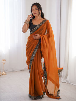 Akhilam - Women Georgette Rust Embellished/Sequined Saree with Unstitched Blouse