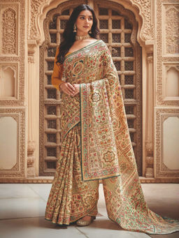 Akhilam - Women Beige Silk Printed Saree with Unstitched Blouse