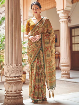 Akhilam - Women Silk Beige Printed Saree with Unstitched Blouse