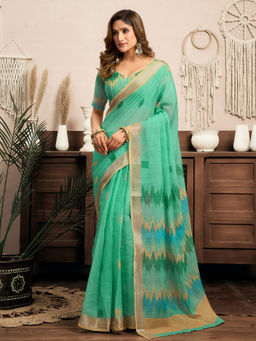 Elora - Linen Ikkat Printed Pre-draped Teal Saree with Unstitched Blouse