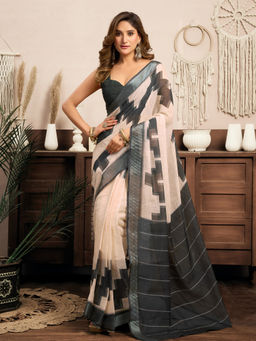 Elora - Linen Ethnic Motifs Printed Pre-draped White Saree with Unstitched Blouse