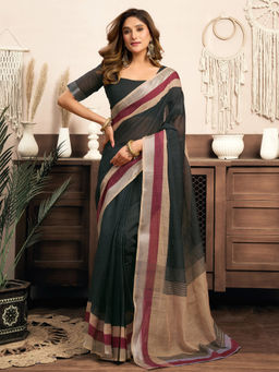 Elora - Linen Solid Printed Pre-draped Black Saree with Unstitched Blouse