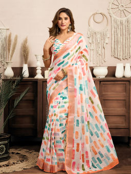 Elora - Linen Colour Block Printed Pre-draped White Saree with Unstitched Blouse
