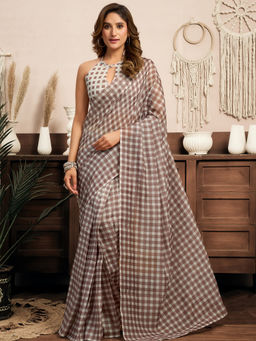Elora - Linen Checked Printed Pre-draped Beige Saree with Unstitched Blouse