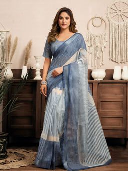 Elora - Linen Striped Printed Pre-draped Cream Saree with Unstitched Blouse