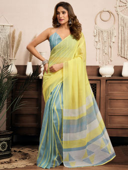 Elora - Linen Striped and Geometric Printed Pre-draped Yellow Saree with Unstitched Blouse
