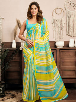 Elora - Linen Striped Leheriya Printed Pre-draped Yellow Saree with Unstitched Blouse