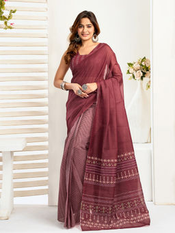 Elora - Linen Ethnic Motifs Printed Pre-draped Maroon Saree with Unstitched Blouse