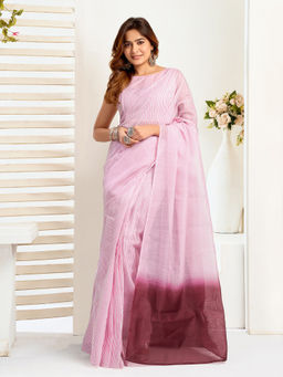 Elora - Linen Striped Printed Pre-draped Pink Saree with Unstitched Blouse