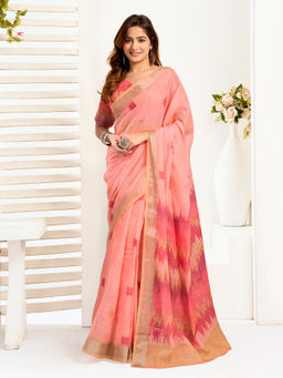 Elora - Linen Ikkat Printed Pre-draped Peach Saree with Unstitched Blouse