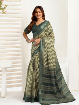 Elora - Linen Zig Zag Printed Pre-draped Cream Saree with Unstitched Blouse