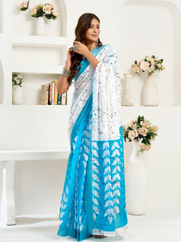 Elora - Linen Leaf Printed Pre-draped White Saree with Unstitched Blouse