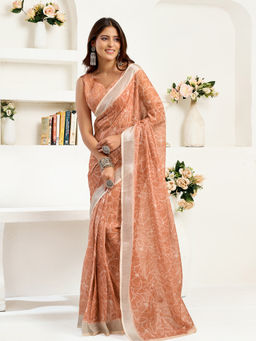 Elora - Linen Floral Printed Pre-draped Brown Saree with Unstitched Blouse