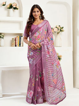 Elora - Striped Printed Pre-draped Wine Saree with Unstitched Blouse