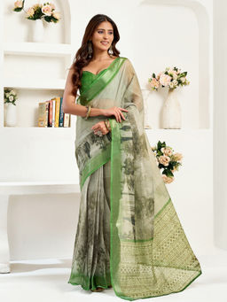 Elora - Linen Floral Printed Pre-draped Green Saree with Unstitched Blouse
