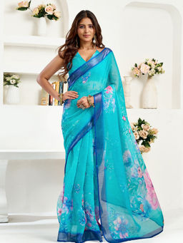 Elora - Linen Floral Printed Pre-draped Turquoise Saree with Unstitched Blouse