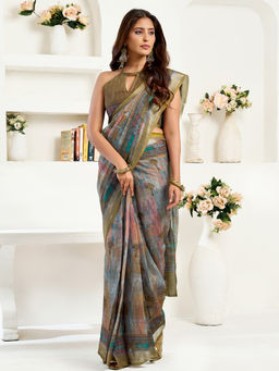 Elora - Linen Floral Printed Pre-draped Green Saree with Unstitched Blouse