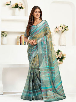 Elora - Linen Ethnic Motifs Printed Pre-draped Teal Saree with Unstitched Blouse