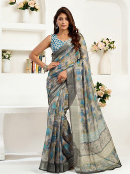 Elora - Linen Floral Printed Pre-draped Brown Saree with Unstitched Blouse