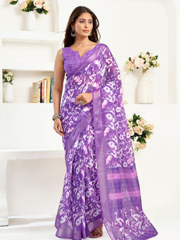 Elora - Linen Floral and Bird Printed Pre-draped Purple Saree with Unstitched Blouse