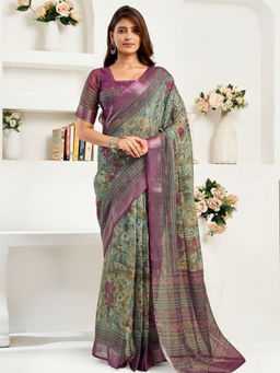 Elora - Linen Floral Printed Pre-draped Multicolor Saree with Unstitched Blouse