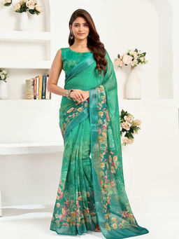 Elora - Linen Floral Printed Pre-draped Green Saree with Unstitched Blouse