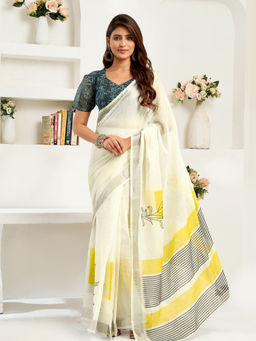 Elora - Linen Floral Stripe Printed Pre-draped Off White Saree with Unstitched Blouse