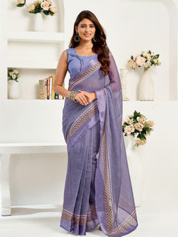 Elora - Linen Striped Printed Pre-draped Lavender Saree with Unstitched Blouse