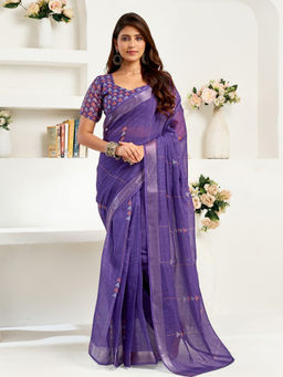 Elora - Linen Geometric Printed Pre-draped Purple Saree with Unstitched Blouse