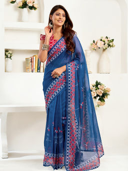 Elora - Linen Ajrakh Printed Pre-draped Navy Blue Saree with Unstitched Blouse