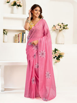 Elora - Linen Geometric Printed Pre-draped Pink Saree with Unstitched Blouse