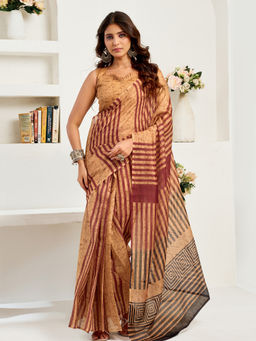 Elora - Linen Striped Printed Pre-draped Beige Saree with Unstitched Blouse