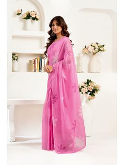 Elora - Linen Floral Printed Pre-draped Pink Saree with Unstitched Blouse