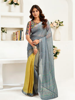Elora - Linen Striped Printed Pre-draped Grey Saree with Unstitched Blouse