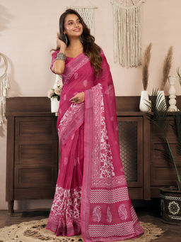 Elora - Linen Floral Printed Pre-draped Pink Saree with Unstitched Blouse