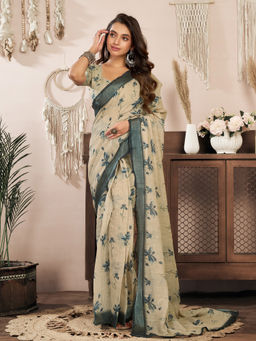 Elora - Linen Floral Printed Pre-draped Beige Saree with Unstitched Blouse