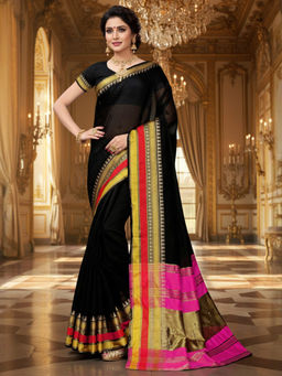 Akhilam - Women Cotton Silk Black Woven Saree with Unstitched Blouse