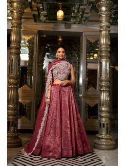 JATRIQQ - Gold Crush Sequins Rust Lehenga with Unstitched Choli and Dupatta