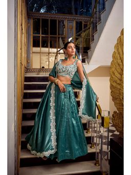 JATRIQQ - Gold Crush Sequins Teal Lehenga with Unstitched Choli and Dupatta