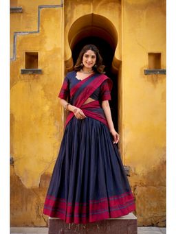 JATRIQQ - Pure Chanderi Thread Work Navy Blue Lehenga with Unstitched Choli and Dupatta