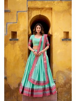 JATRIQQ - Pure Chanderi Thread Work Aqua Lehenga with Unstitched Choli and Dupatta