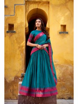 JATRIQQ - Pure Chanderi Thread Work Teal Lehenga with Unstitched Choli and Dupatta