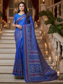 Akhilam - Women Silk Blue Printed Saree with Unstitched Blouse