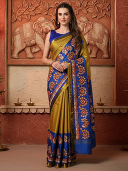 Akhilam - Women Silk Mustard Printed Saree with Unstitched Blouse