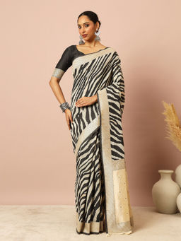 Akhilam - Women Linen Black Printed Saree with Unstitched Blouse